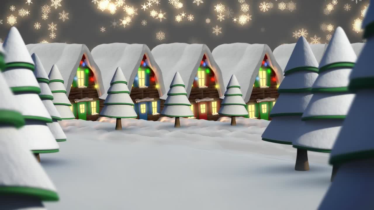 요정의 불빛으로 집 위에 내리는 눈의 애니메이션