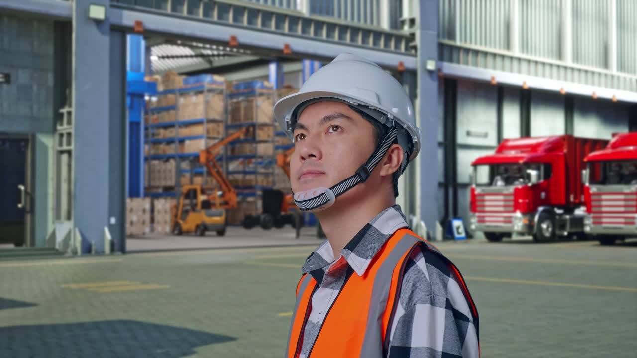 Close Up Side View Of Asian Male Engineer With Safety Helmet Looking Around While Standing , Outside of Logistics Distributions Warehouse