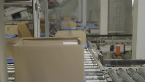 las cintas transportadoras mueven cajas de cartón marrón a través de la línea de embalaje de una fábrica moderna