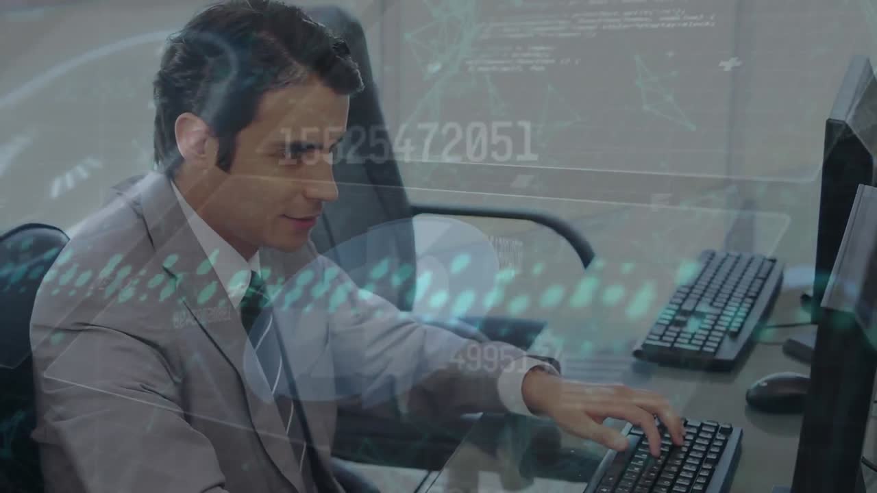 카우카시안 사업가에 대한 금융 데이터 처리 애니메이션