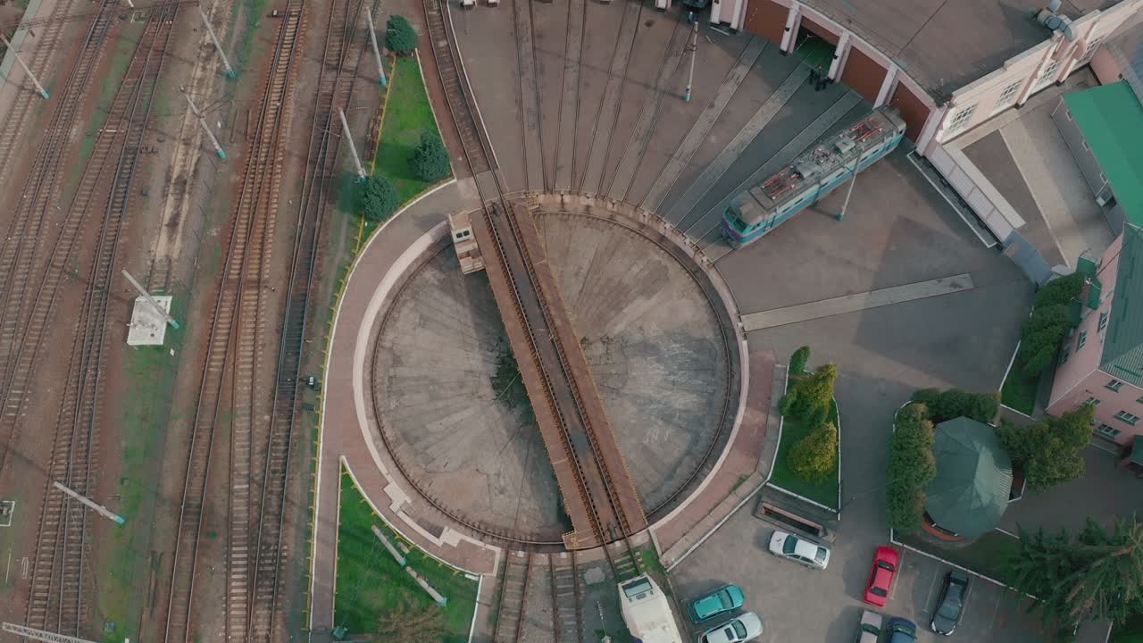 Aerial view of roundhouse and railway turntable at the locomotive depot,