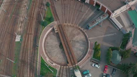 aerial view of roundhouse and railway turntable at the locomotive depot,