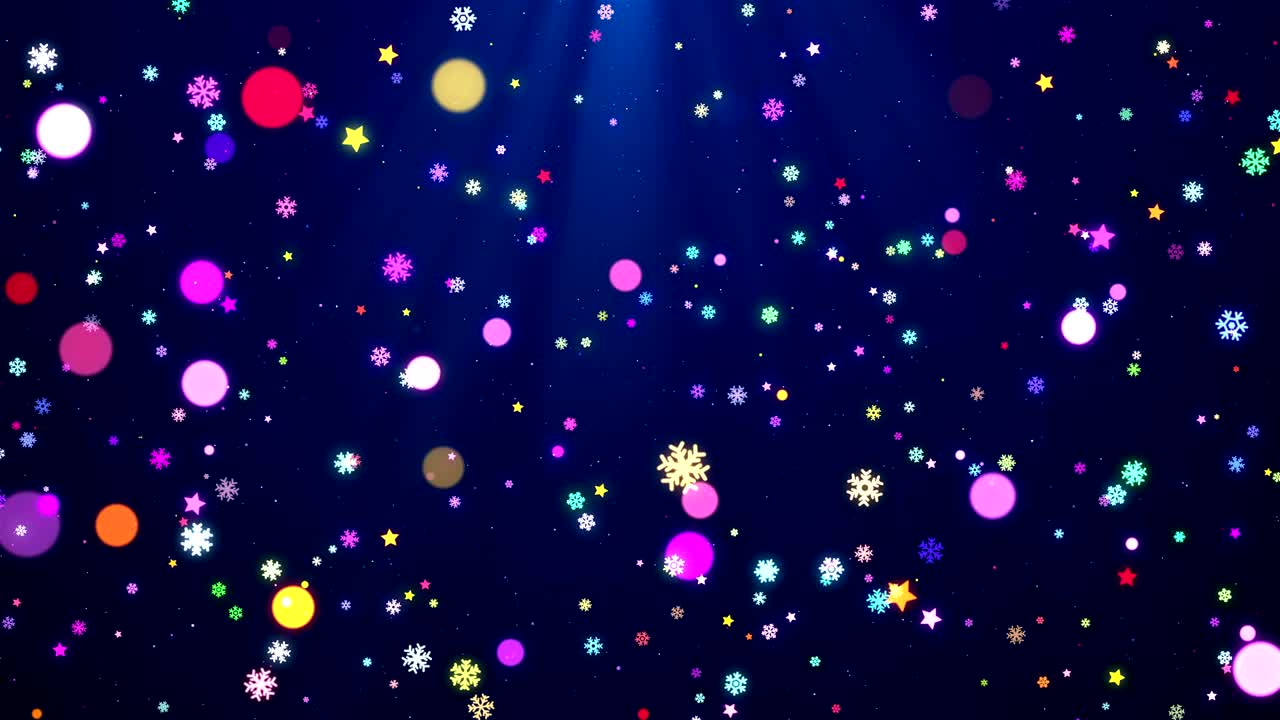 다채로운 크리스마스 스노우플레이크, 파란색 배경에 별과 빛의 광선 루프