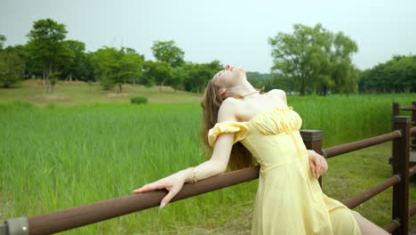 beautiful woman in strapless dress leans on park boardwalk railing enjoying day