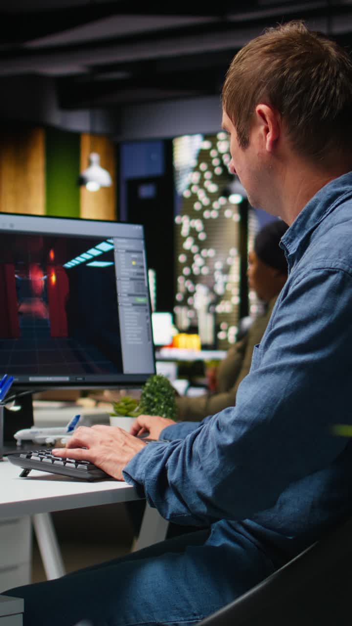Vertical Video IT engineer checks AI game lobby and turbine to develop a new application