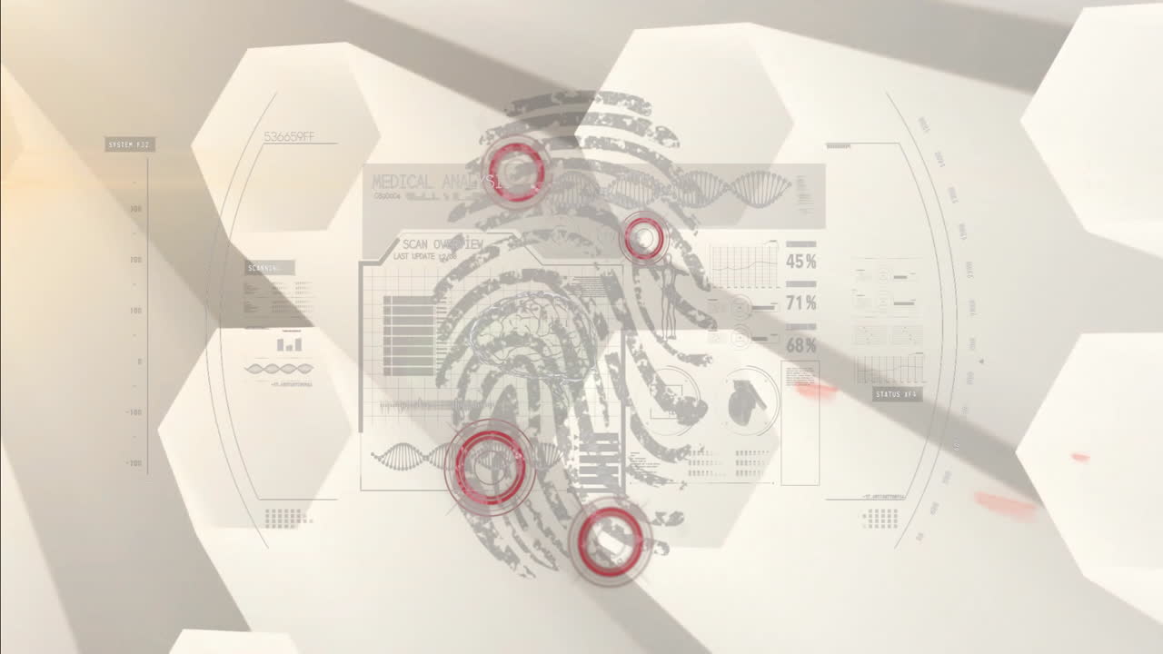 сканирование отпечатков пальцев и медицинский анализ анимации над шестиугольными формами и диаграммами данных