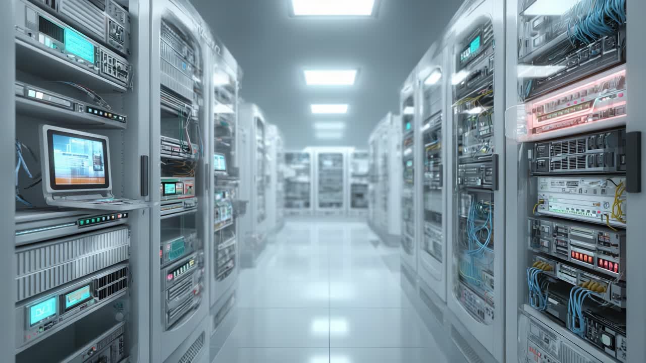 A Futuristic Data Center with Rows of Servers and Networking Equipment Glowing in a Controlled Environment, Showcasing High-Tech Infrastructure and Modern Connectivity Solutions