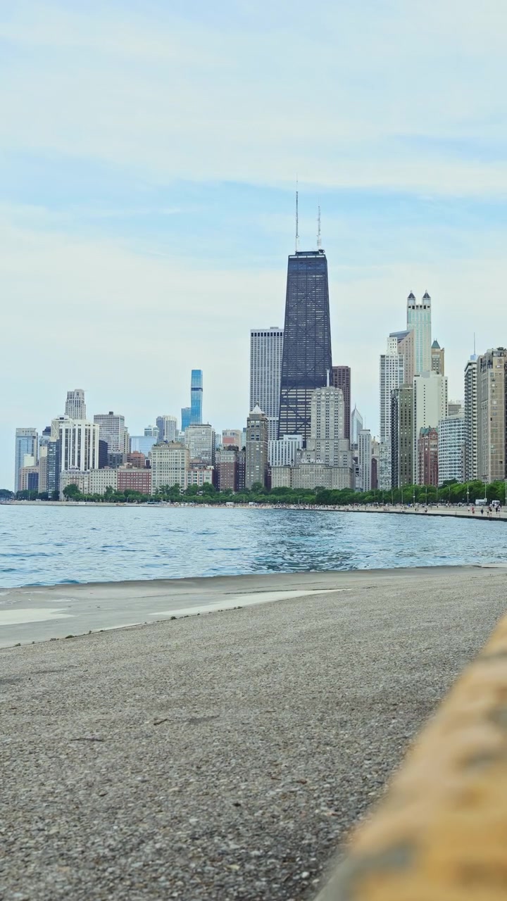 Vista panorâmica do horizonte de Chicago com edifícios na margem e água durante o dia.