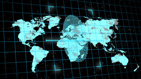 icono de candado de seguridad y escáner biométrico de huellas dactilares a través de la red de cuadrícula contra el mapa del mundo