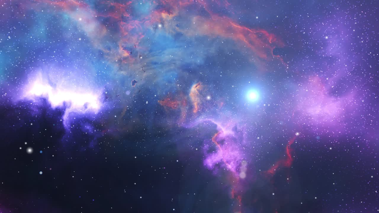 volando hacia una hermosa nebulosa púrpura, el universo