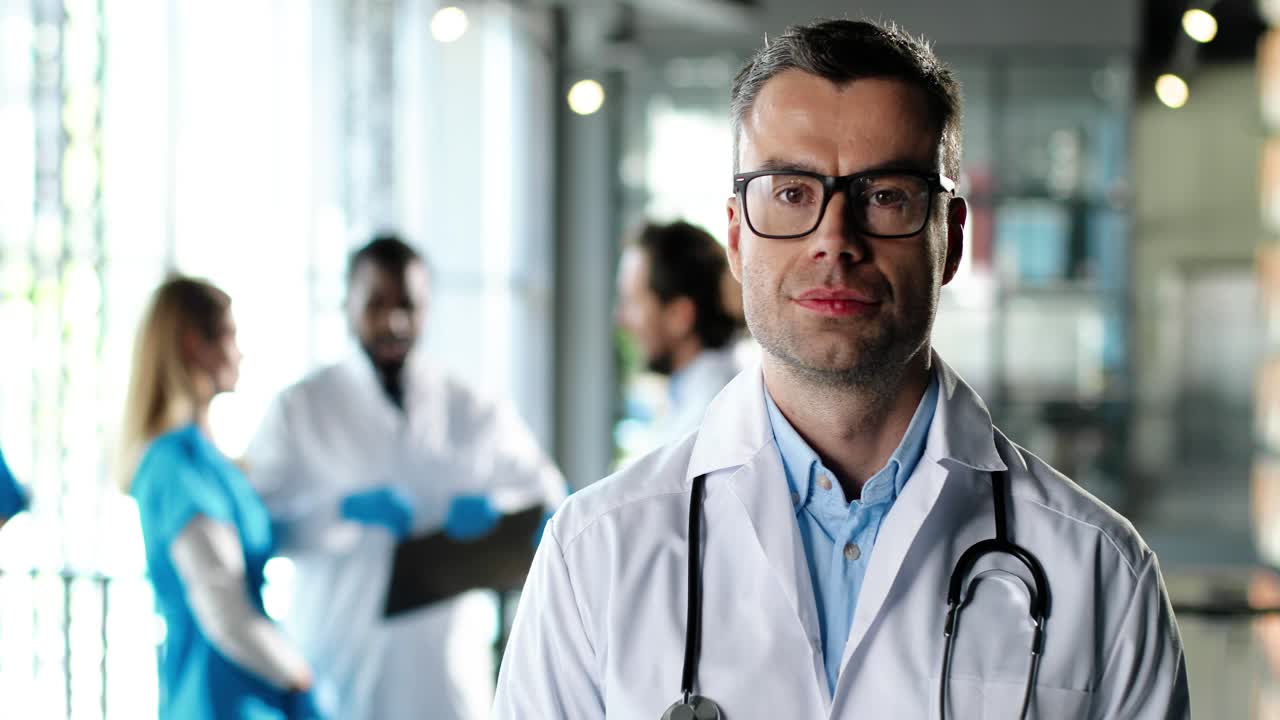 retrato de un médico caucásico con un vestido blanco y gafas mirando a la cámara, sonriendo y de pie en la clínica