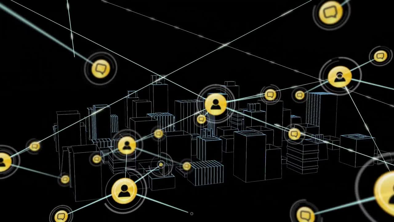 Animazione di una rete di connessioni con icone su un disegno di città 3D su sfondo nero.