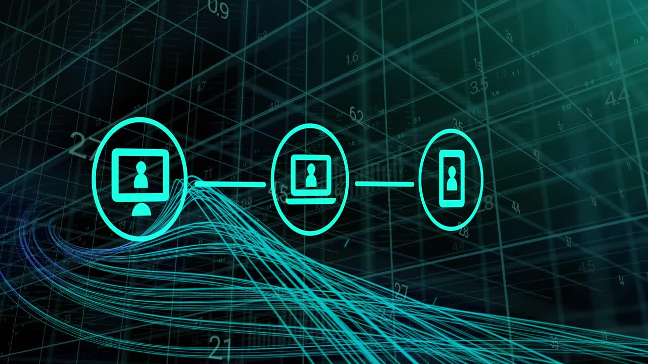 Animation of digital electronic devices icons and data processing over grid