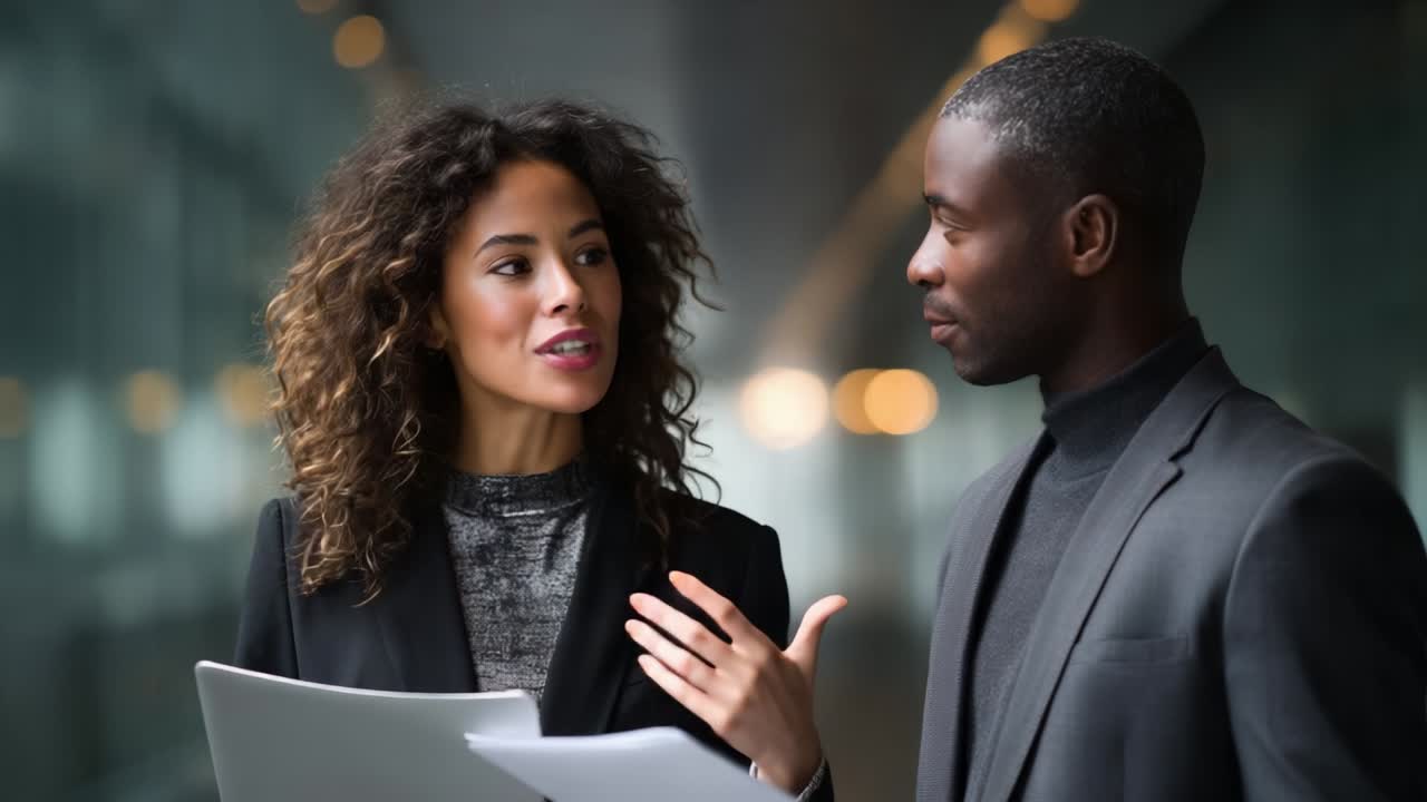 A Professional Exchange Between Two Colleagues in a Modern Office Setting: Engaging Conversation and Collaborative Efforts in Focus, Highlighting Communication and Team Dynamics
