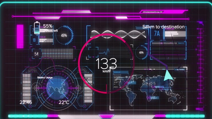 Animation of speedometer over interface with data processing against black background