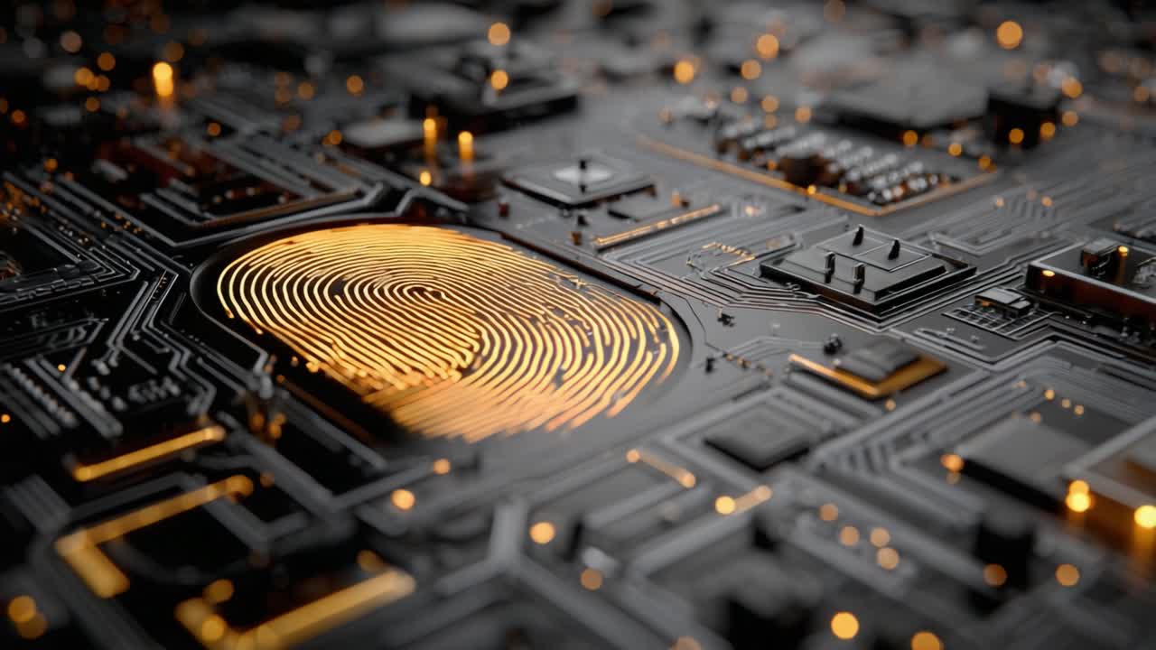 A Stunning Close-Up of a Circuit Board Featuring a Unique Golden Fingerprint Pattern Representing Security and Technology in Digital Age