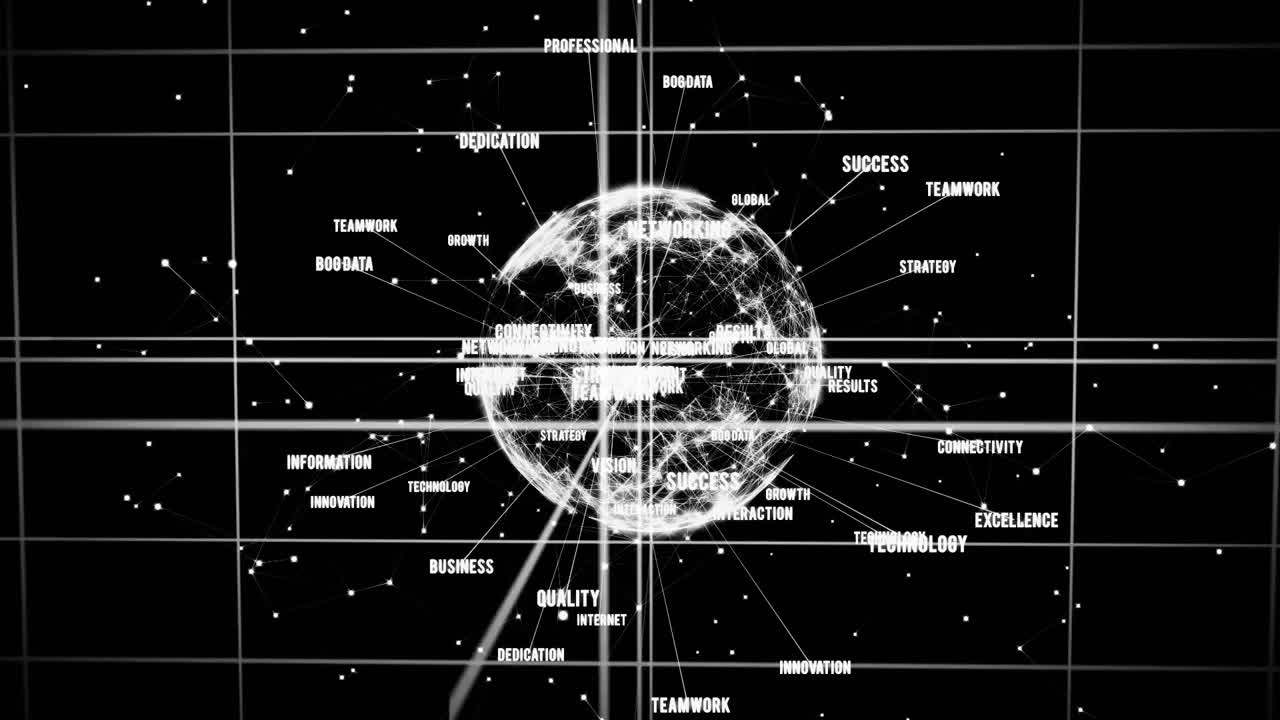 conectividad de red global con palabras clave tecnológicas que rodean el globo digital animado