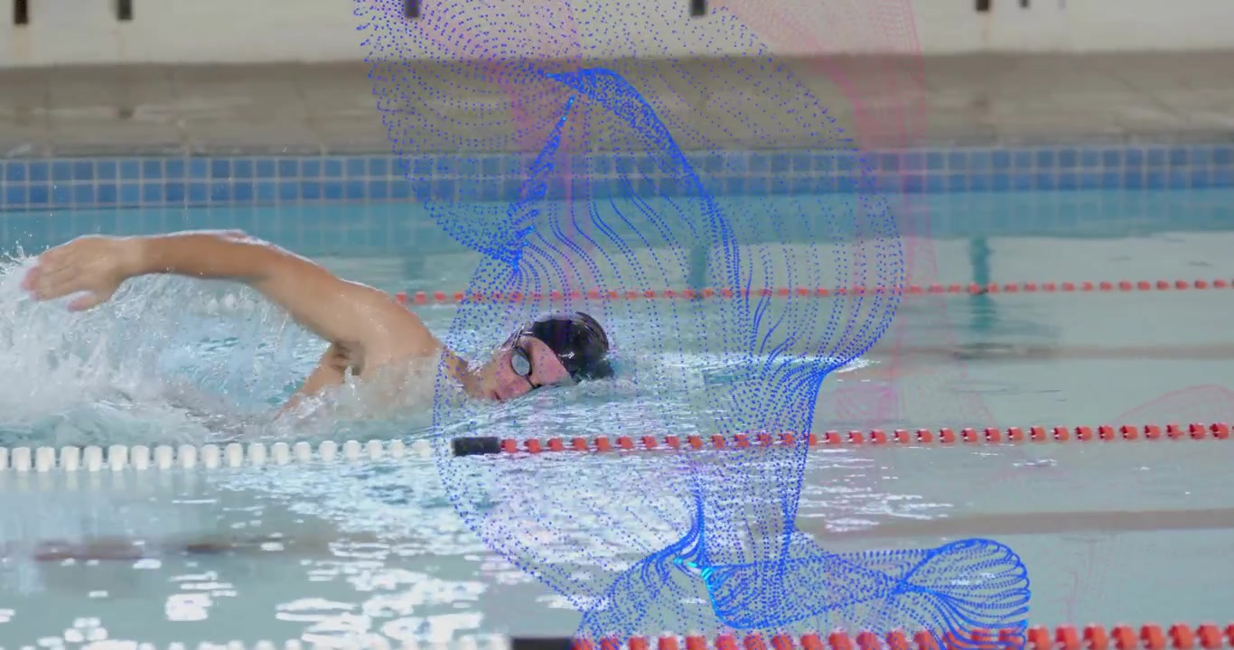 Male swimmer entering pool lane performing freestyle strokes with breathing rotation for health