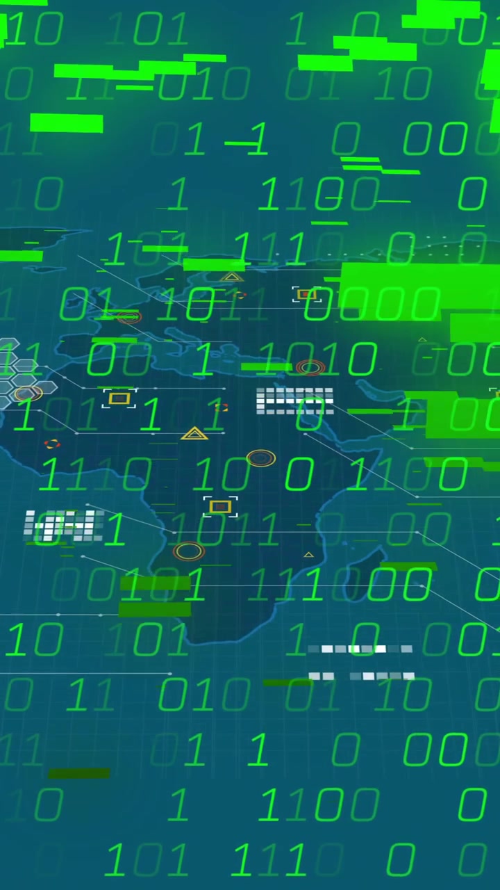 Animation of binary coding data processing over world map