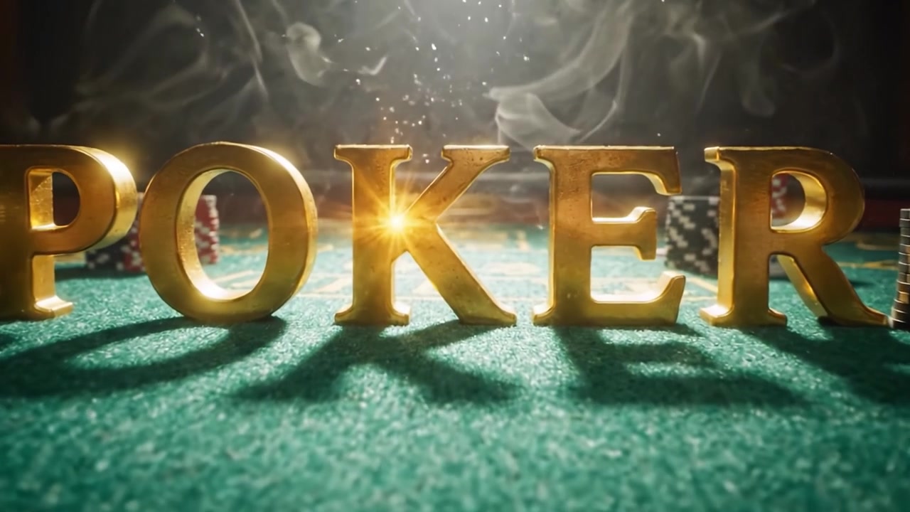 Uno sguardo accattivante all'intenso mondo del poker con fiches in primo piano, lettere dorate e un'illuminazione suggestiva che crea un'esperienza di gioco emozionante