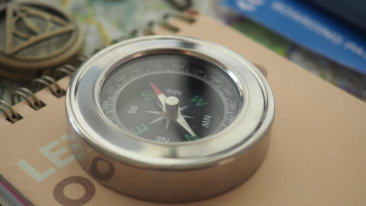 A compass on top of a notebook