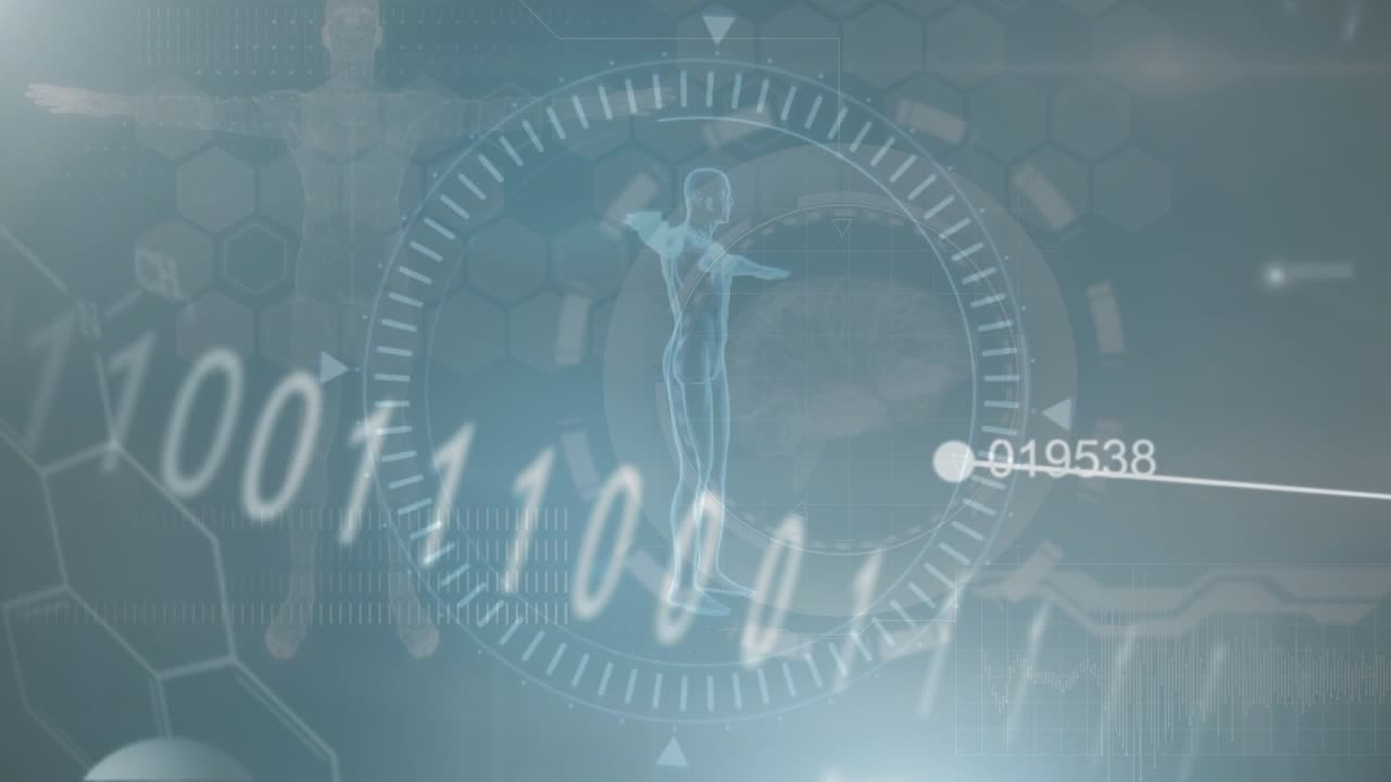 데이터 처리 과정 위에 있는 DNA 가닥의 애니메이션