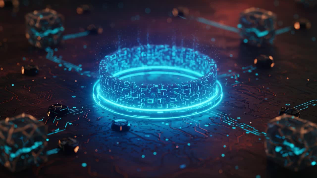 A captivating display of futuristic technology featuring a glowing digital ring surrounded by intricate circuits and geometric shapes, emphasizing the intersection of innovation and digital design