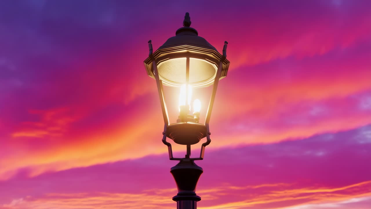 Illuminated Street Lamp Against a Vibrant Sunset Sky