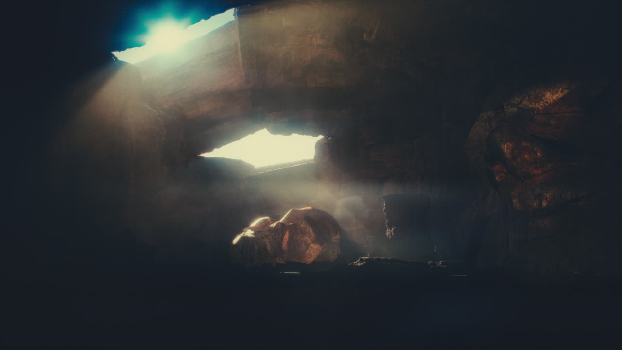 A head of the giant ancient deity statue hidden in a cave