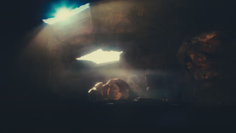 a head of the giant ancient deity statue hidden in a cave