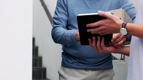 delivery, box and man with tablet