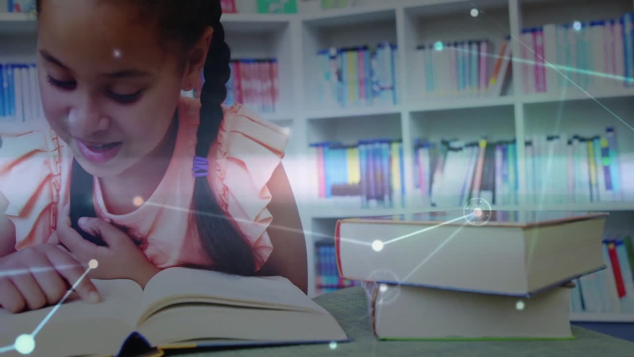 Girl lifting book cover and reading text while network overlay animating learning in library