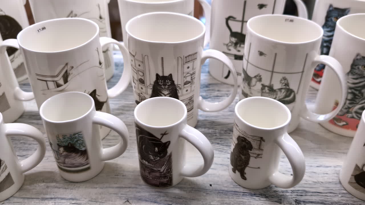Cat and dogs mug design, original art and craft shop on display, animal motif