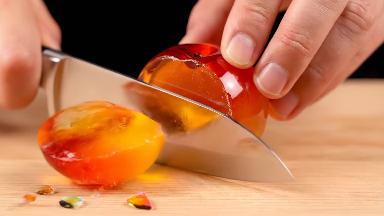 Tagliare un dessert gelatinoso a forma di pesca con un coltello