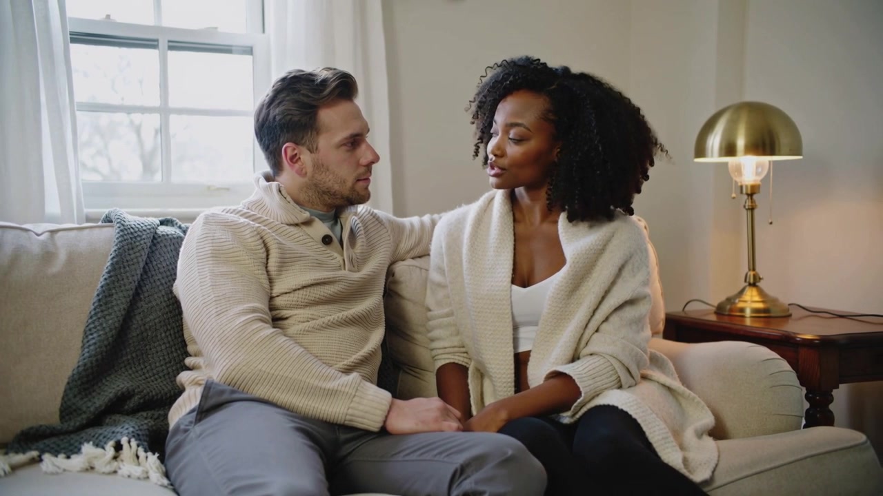 Meeting gaze, man resting arm on couch, woman leaning closer at home in sweaters showing affection