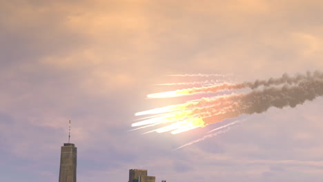 a fiery meteor streaks across the sky over a city