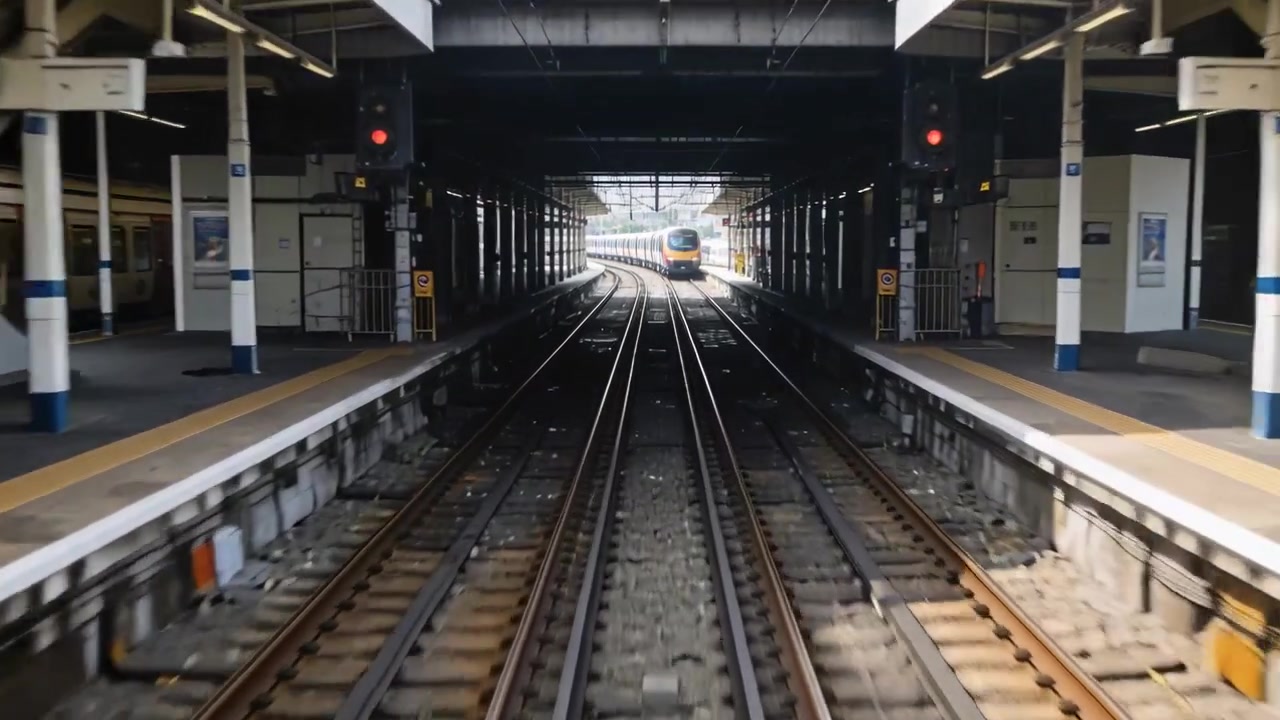 列車の後方から始まり、カメラがレールに沿って天蓋の中へ移動し、赤信号を通過する列車に接近している。