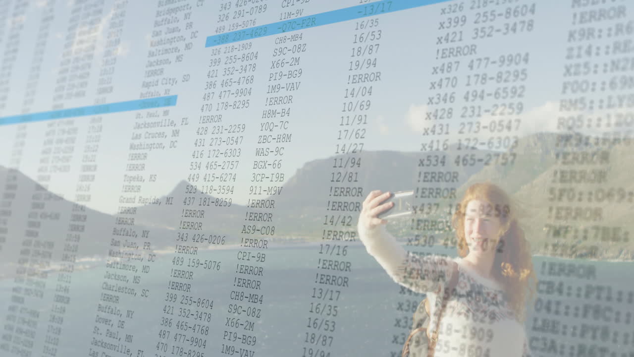 Taking selfie with animation of data and error messages by scenic landscape