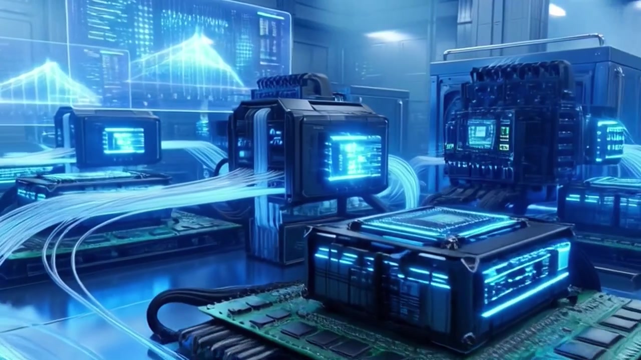 Futuristic Data Center Server Room with Glowing Fiber Optic Connections