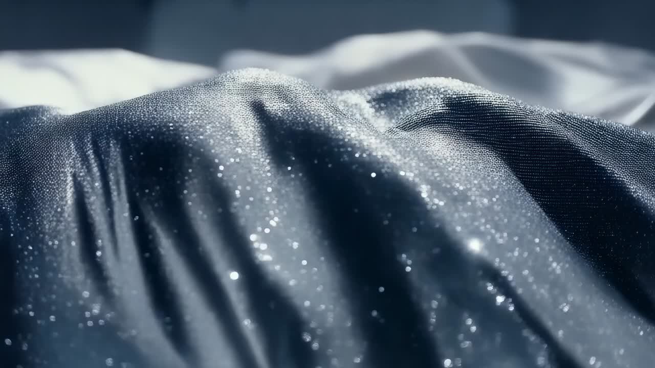 Tissu de satin foncé ondulant sous la lumière, formant un baldaquin au-dessus du sol du studio, particules scintillantes