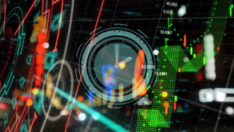 animation of financial data processing and ticking clock over round scanner and night city traffic