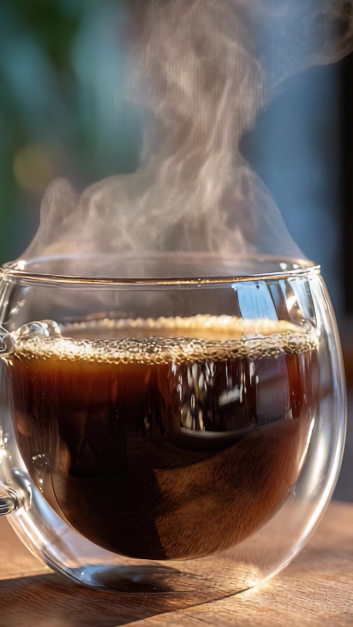 Cautivador café caliente aromático en una taza de cristal transparente, con vapor elevándose elegantemente, invitándote a disfrutar de esta rica experiencia de bebida