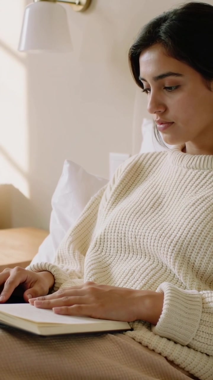 Video verticale: Donna che legge con un maglione color crema, che sfoglia le pagine di un quaderno sul letto in una stanza dai colori neutri, con una lampada.