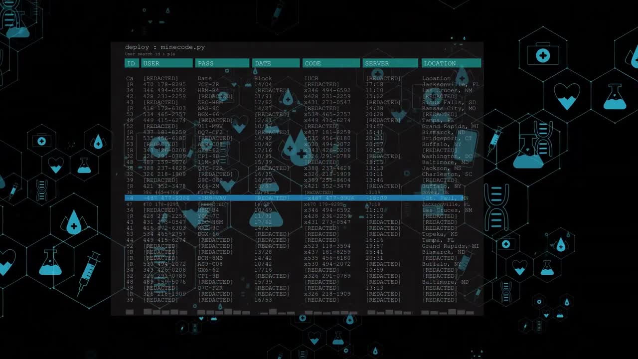 Animation of medical icons and data processing on black background