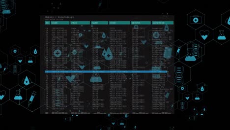 Animation-Medizinischer-Symbole-Und-Datenverarbeitung-Auf-Schwarzem-Hintergrund
