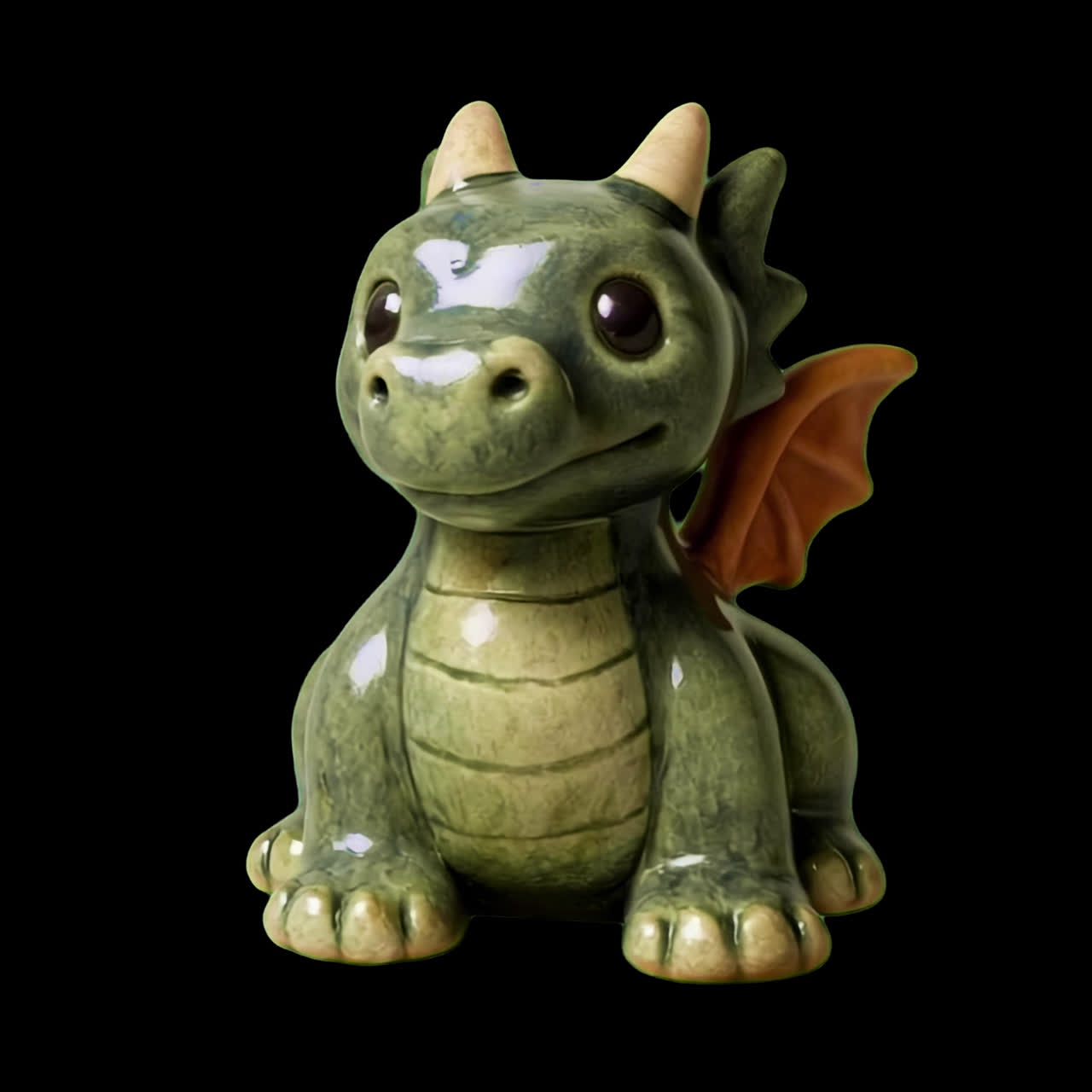 Animazione di simpatica statuetta di drago in ceramica come risorsa isolata, video 4K trasparente, canale alfa, ProRes