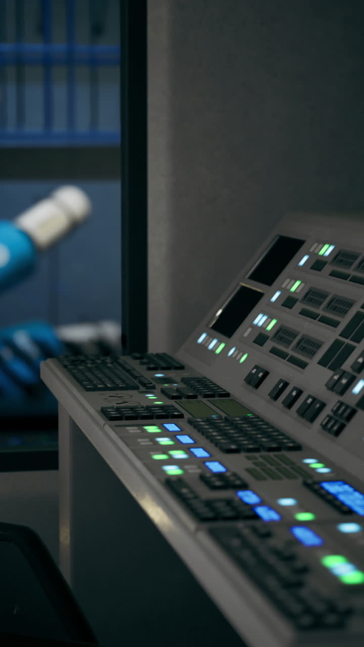 Control panel illuminated in a futuristic environment with robotic elements