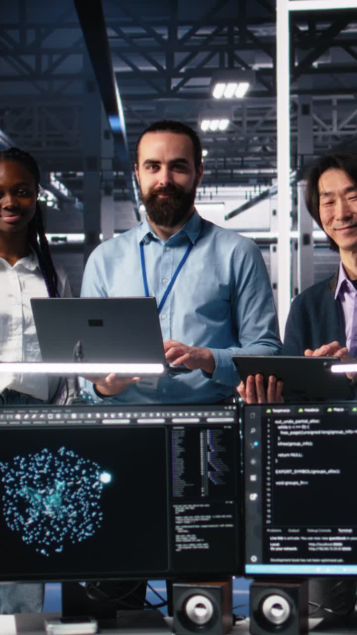 Vertical video Portrait of smiling engineers in data center code with generative AI