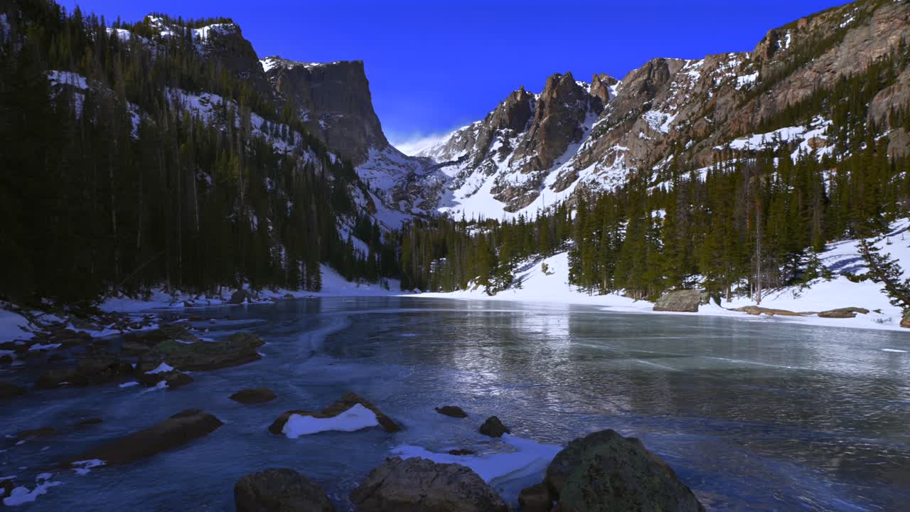 Lago Dream Colorado, Parco Nazionale delle Montagne Rocciose, Lago Emerald, Estes Park, Lago Bear, sentiero escursionistico, Parco Nazionale delle Montagne Rocciose, cielo azzurro e soleggiato, Hallett Peak, Flattop, neve che soffia, ventoso, ghiaccio blu ghiacciato, rocce in ombra, zoom indietro