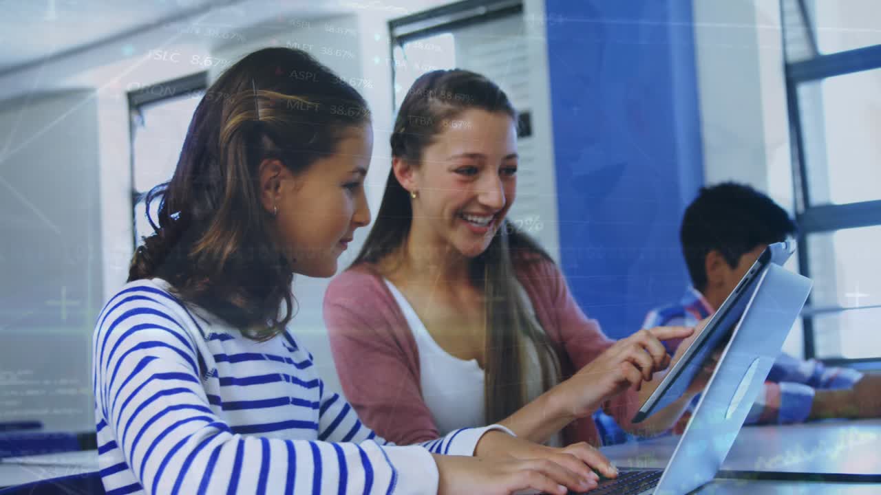 Animation of financial graph over happy caucasian girls using laptops at school